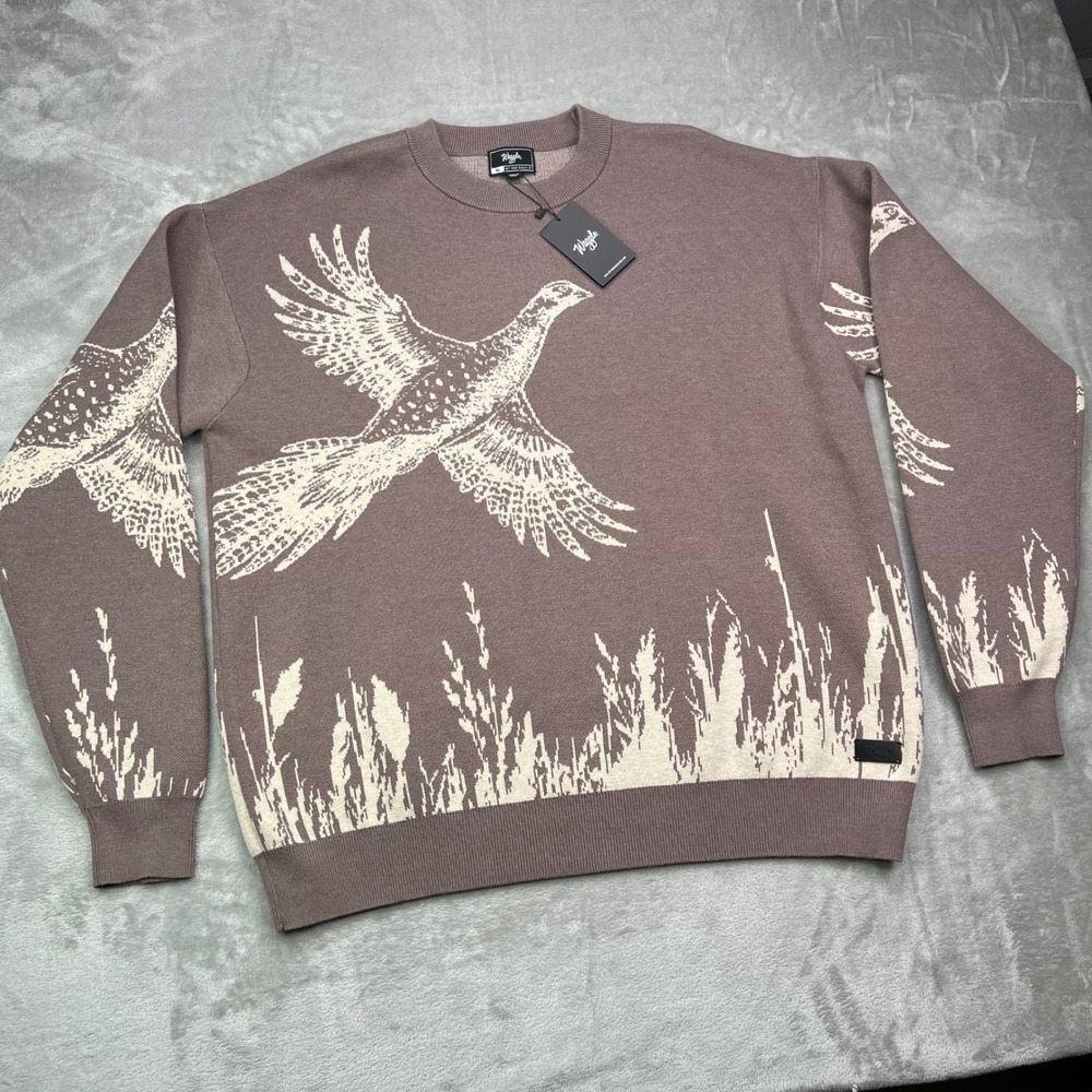 Waggle Upland Wildknit Sweater Mens 2XL Brown Pheasant Graphic Crewneck Pullover